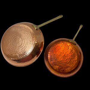 Set Of 2 Hammered Copper Frying Pans With Brass Handles & Tin Lining Vintage Co